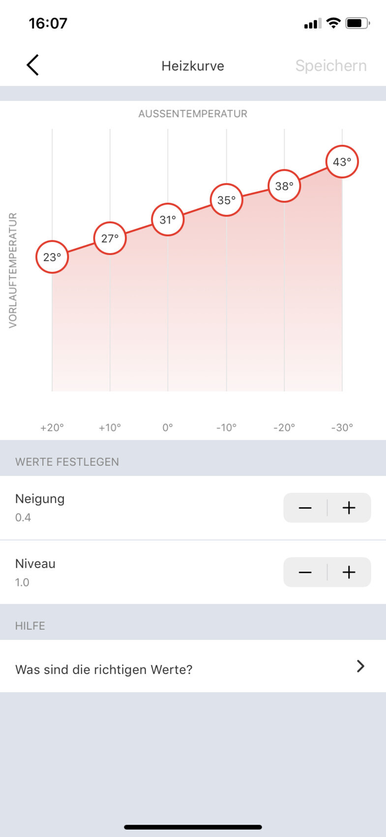Screenshot einer Heizkurve-App mit rotem Graph von 23° bis 43° über Außentemperatur.