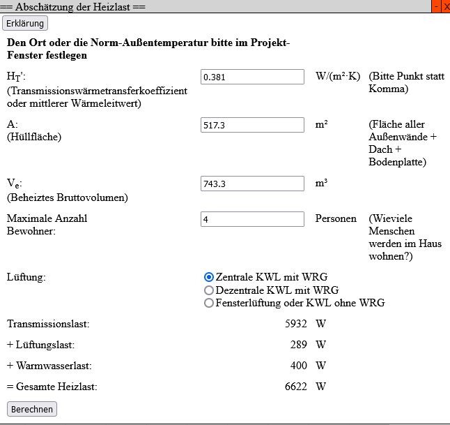 Heizlast-Rechner mit Feldern für Außentemperatur, Fläche, Volumen, Bewohner und Lüftungsauswahl.