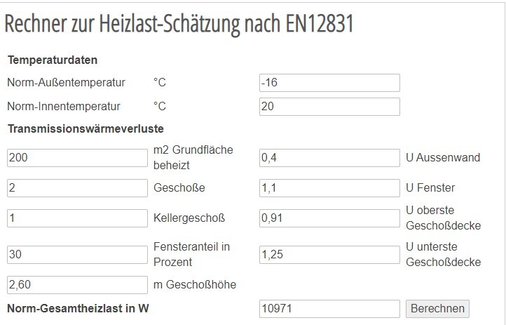 Rechner zur Heizlast-Schätzung nach EN12831 mit Temperatur- und Verlustdaten (Ergebnis 10971 W)