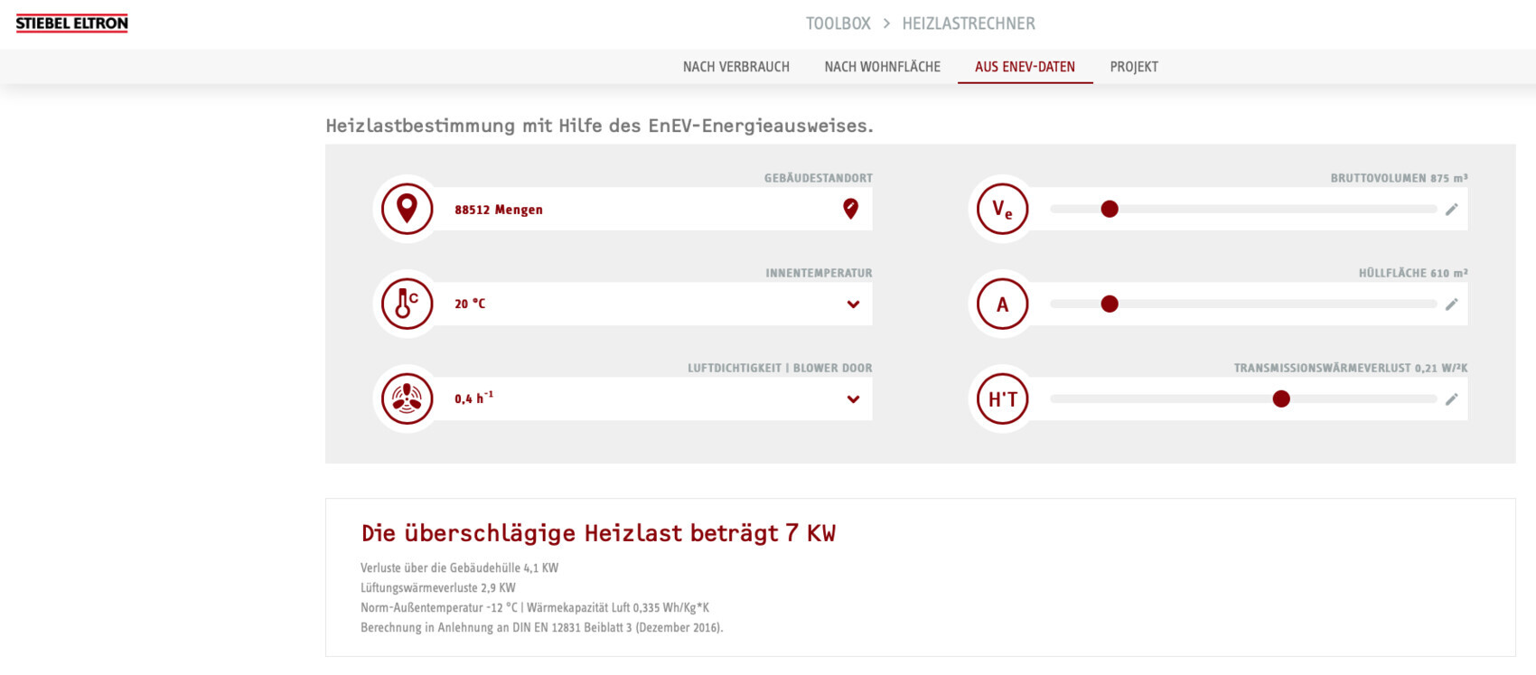EnEV-Heizlastrechner: Standort 88512 Mengen, Innen 20°C, Luftdichtheit 0,4 h?¹.