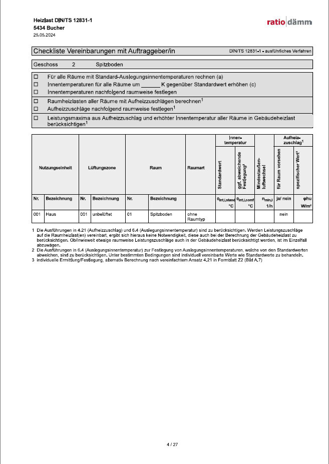 Formular zur Heizlast DIN/TS 12831-1 mit Tabellenfeldern zur Nutzungseinheit, Raum und Zonen.