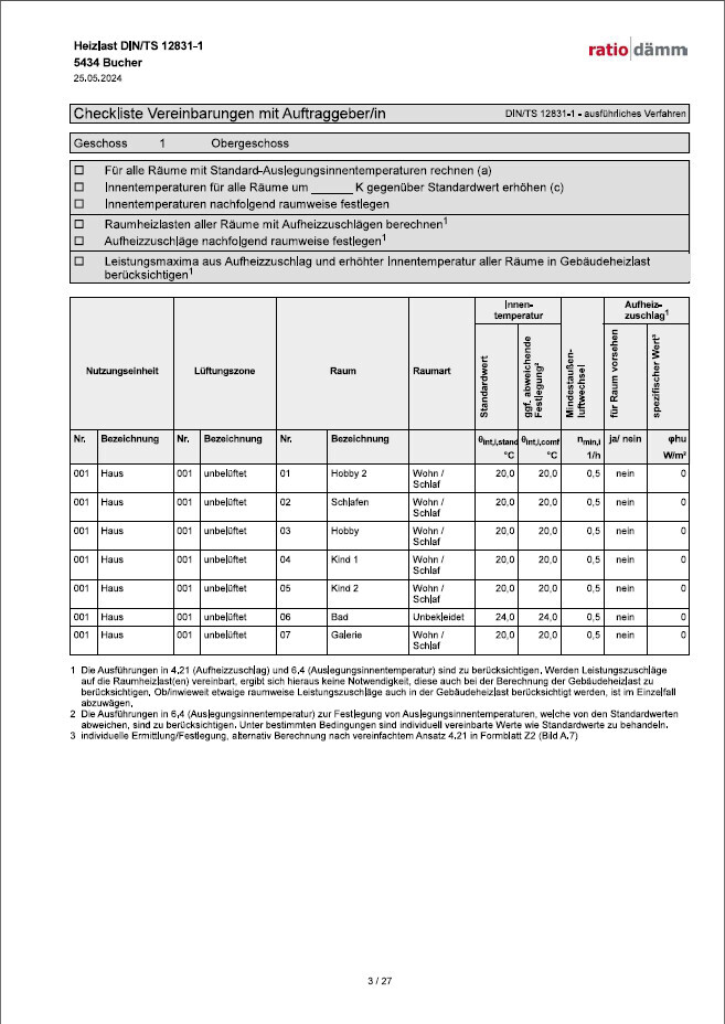 Dokumentseite: Heizlast DIN/TS 12831-1 Checkliste mit Tabellen zu Räumen und Gebäudebedingungen