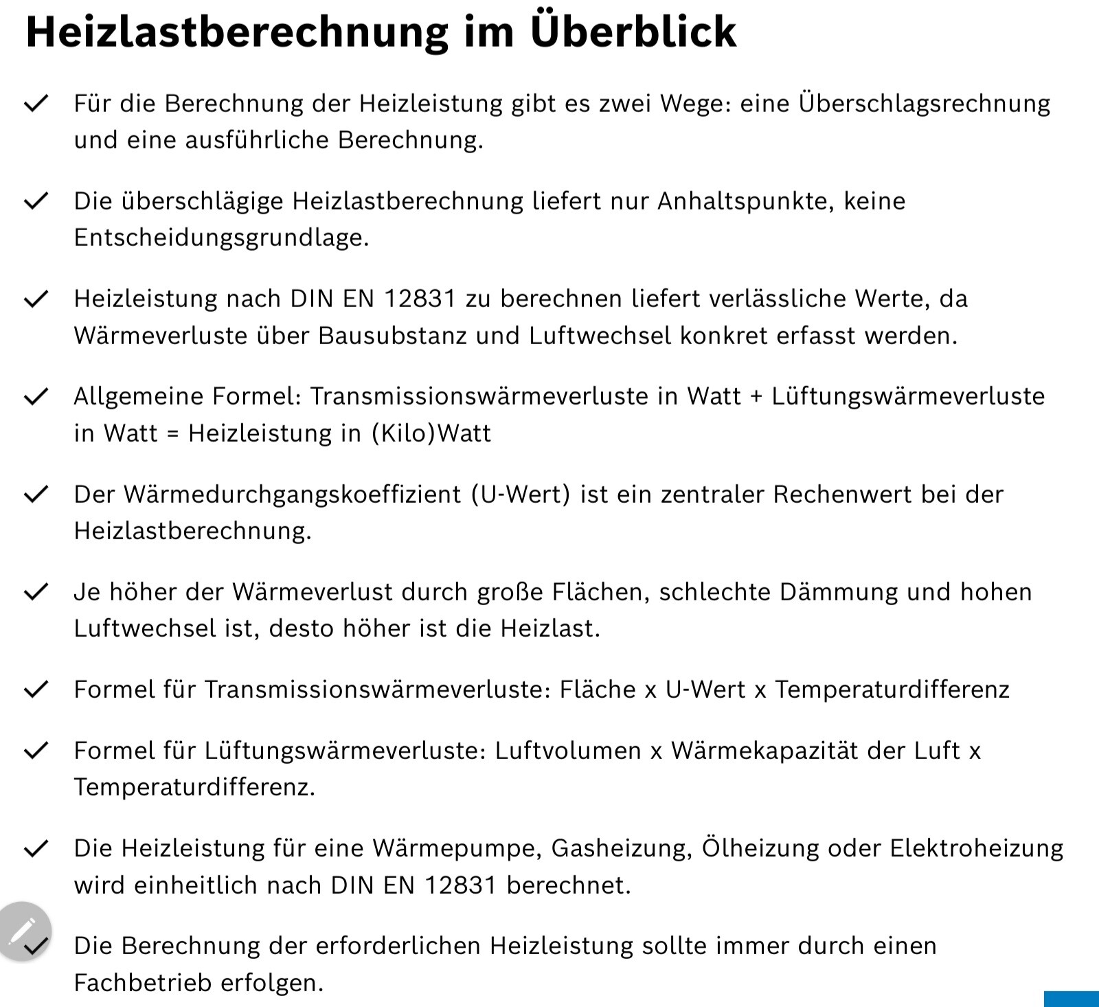 Bildschirm mit Titel Heizlastberechnung im Überblick und aufgeführten Checklisten.