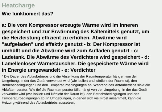 Infotext zur Heiztechnik Heatcharge erklärt Kompressor, Wärmespeicherung und Wärmetausch.