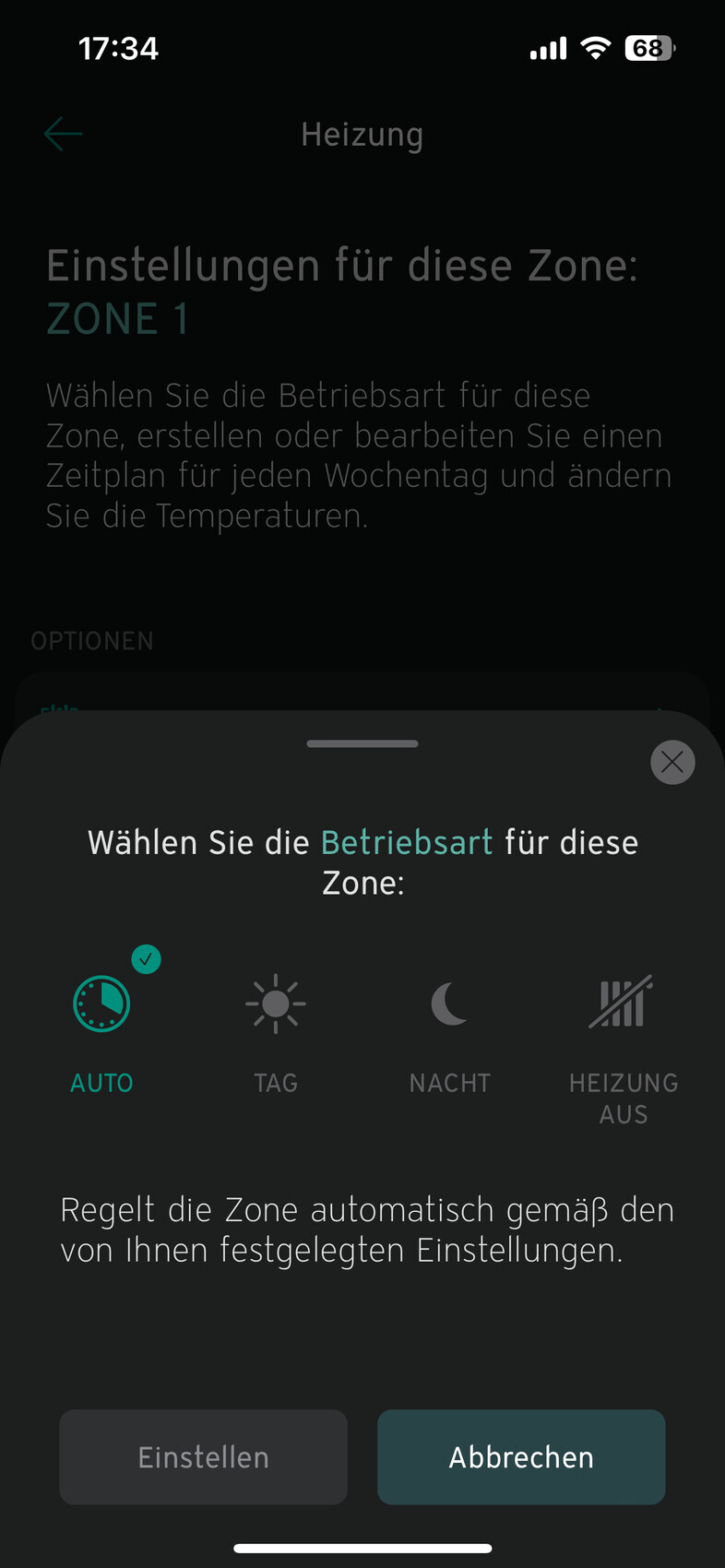 Heizungs-App: Zone 1 Dialog, Betriebsart AUTO gewählt (Auto, Tag, Nacht, Aus)