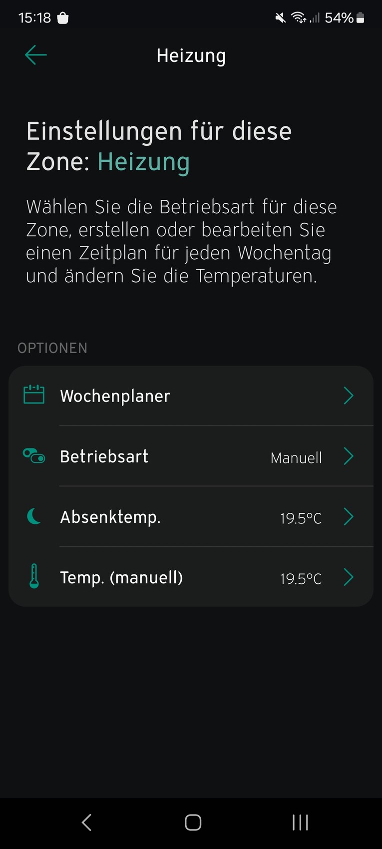 Smartphone-Bildschirm mit Heizungseinstellungen: Wochenplaner, Manuell, 19,5°C