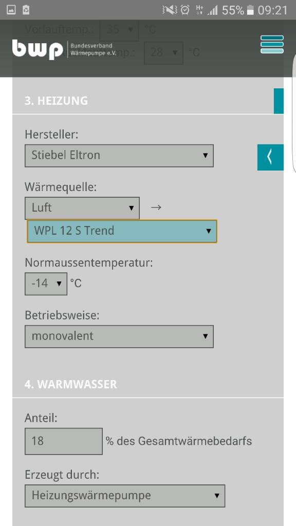 Heizungsformular mit Stiebel Eltron, Luft als Wärmequelle, -14°C, monovalent.