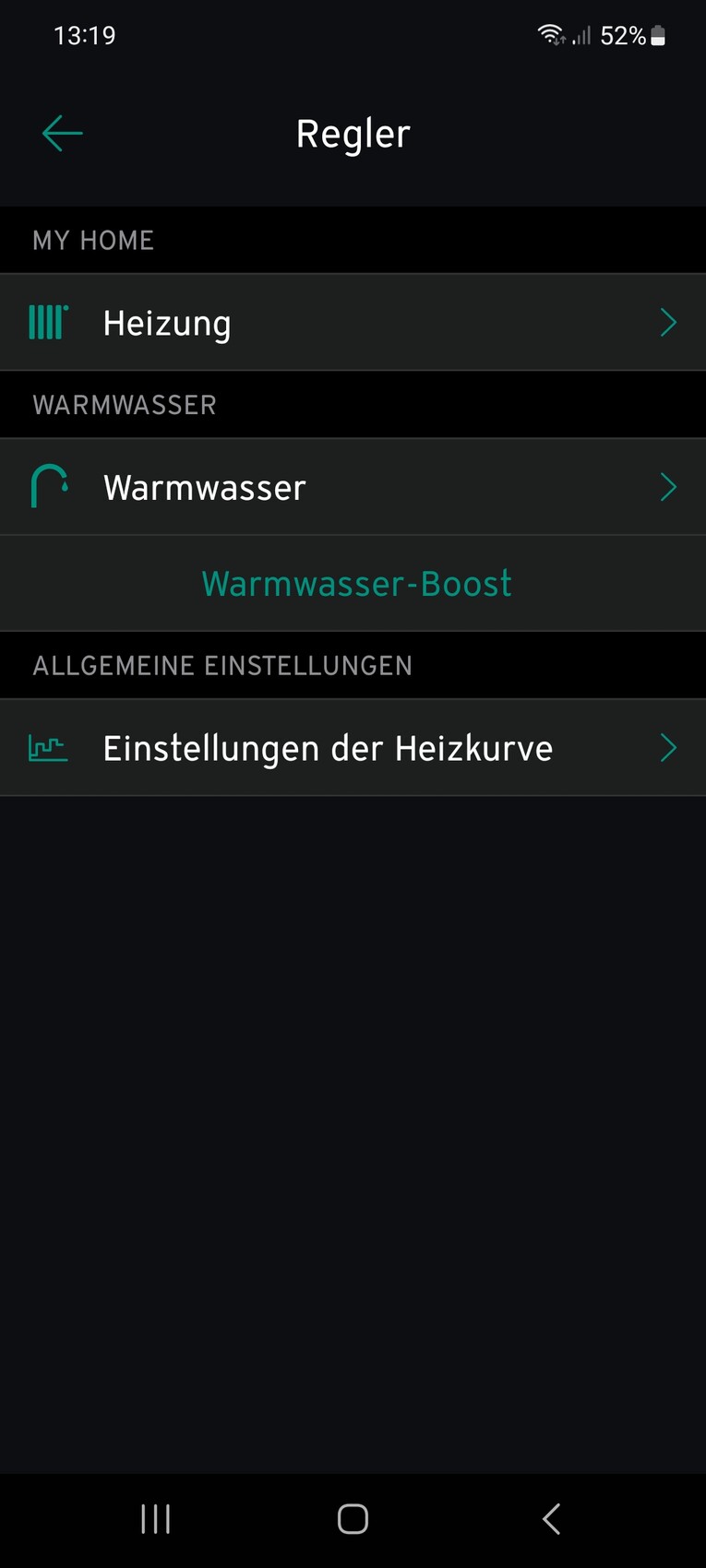 Smart-Home-App: Einstellungen für Heizung, Warmwasser, Warmwasser-Boost und Heizkurve.