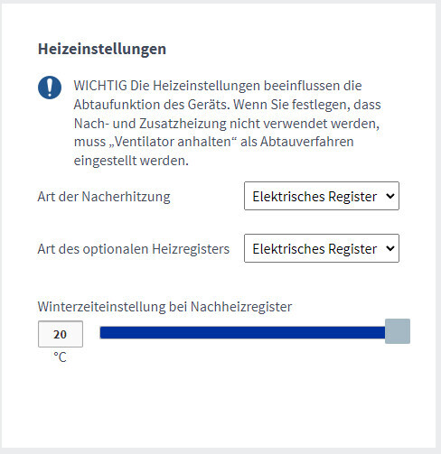 UI der Heizeinstellungen: zwei Dropdowns, 20 °C und blauer Balkenregler.