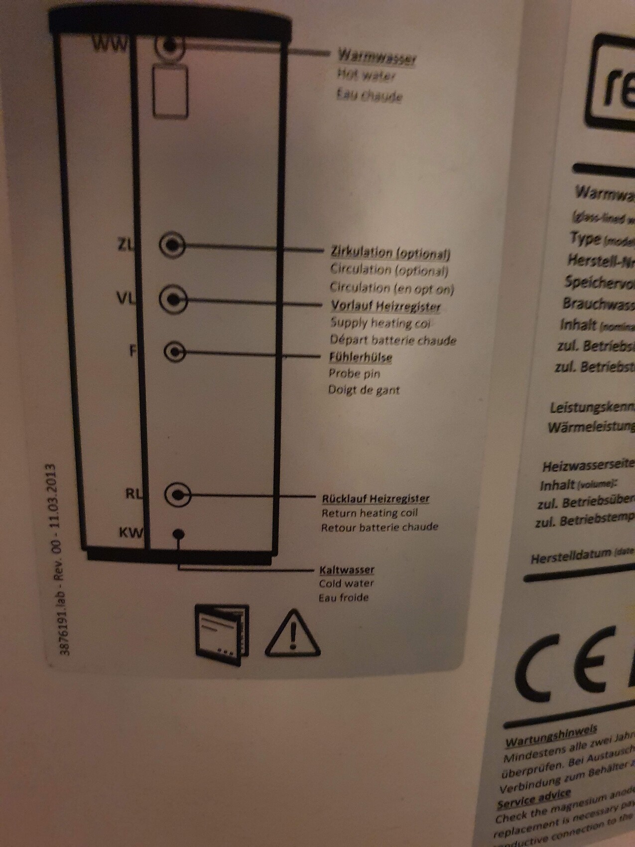 Schematische Zeichnung eines Warmwasserboilers mit Zirkulation, Vorlauf, Rücklauf, Kaltwasser.