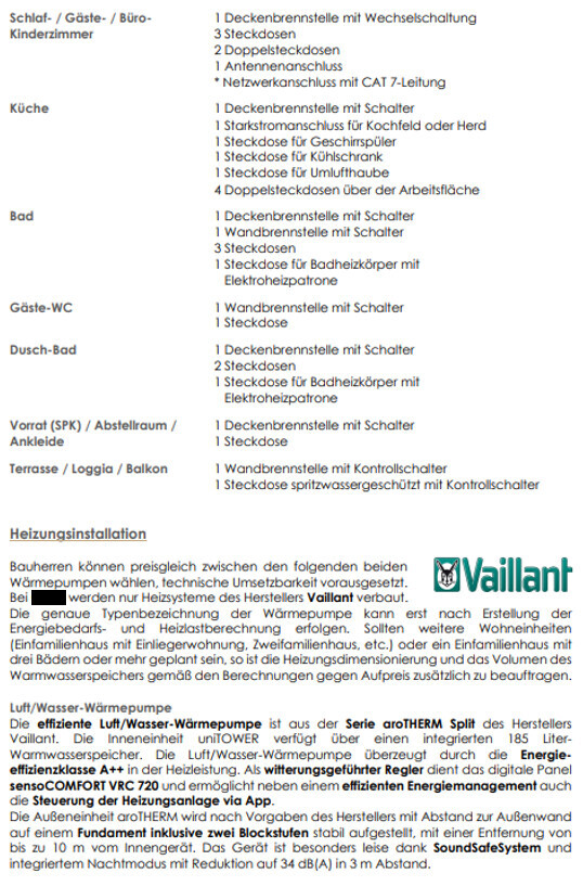 Grundriss mit Steckdosen, Schaltern pro Raum und Vaillant Heizungsinstallation (Logo).
