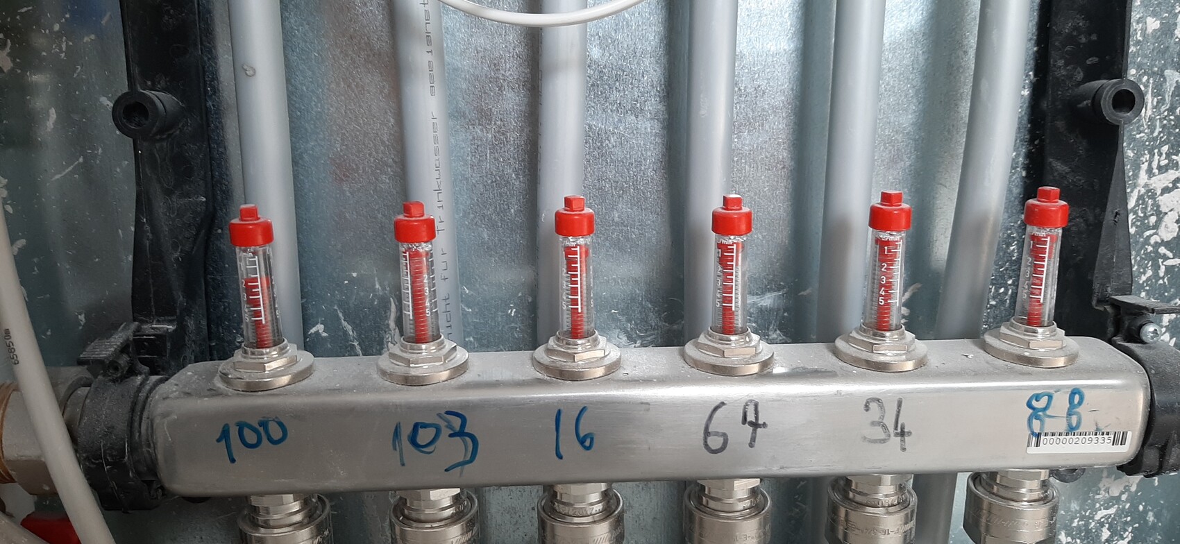 Sechs vertikale Sichtgläser mit roter Flüssigkeit an einer Metallverteilungsleiste.