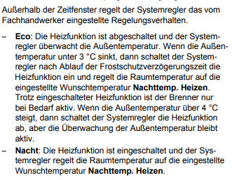 Textabschnitt erläutert Heizungsregelung außerhalb von Zeitfenstern Eco- und Nachtmodus.