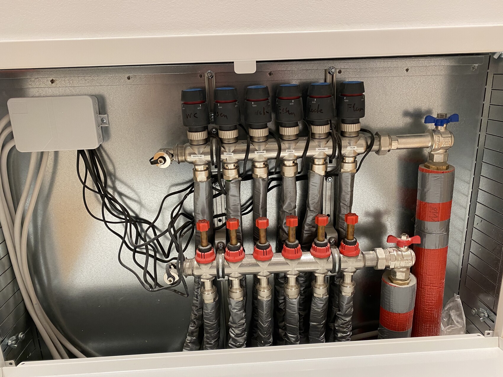 Hydraulik-Verteilersystem mit mehreren Absperrventilen, isolierten Rohren und blauen Griffen