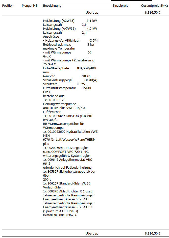 Datenblatt einer Heizungswärmepumpe mit technischen Leistungsparametern und Anschlüssen