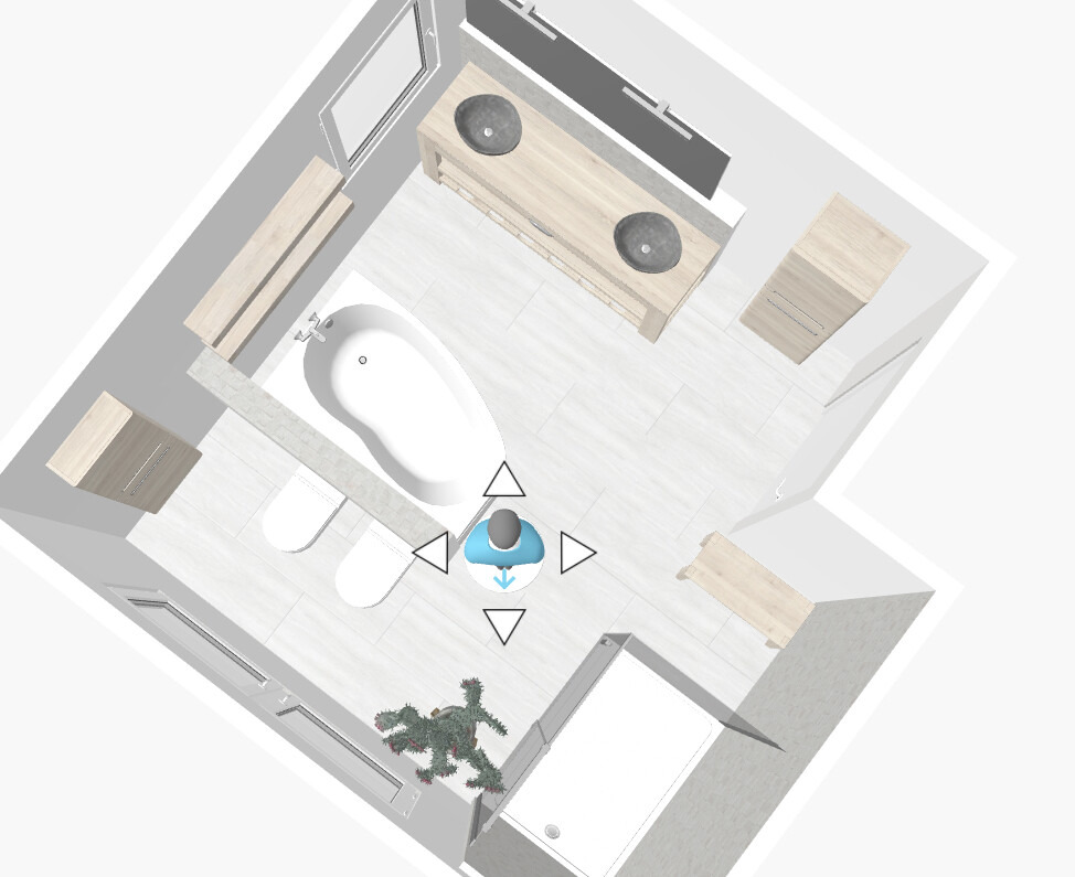 Draufsicht auf ein modernes Badezimmer-Layout mit Badewanne, Toilette, Bidet und Holz-Waschtisch.