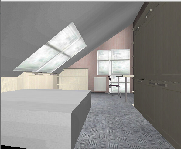 Dachgeschossraum mit schrägem Dachfenster, Bett links, Schränke rechts, Tisch und Stuhl vor Fenster.