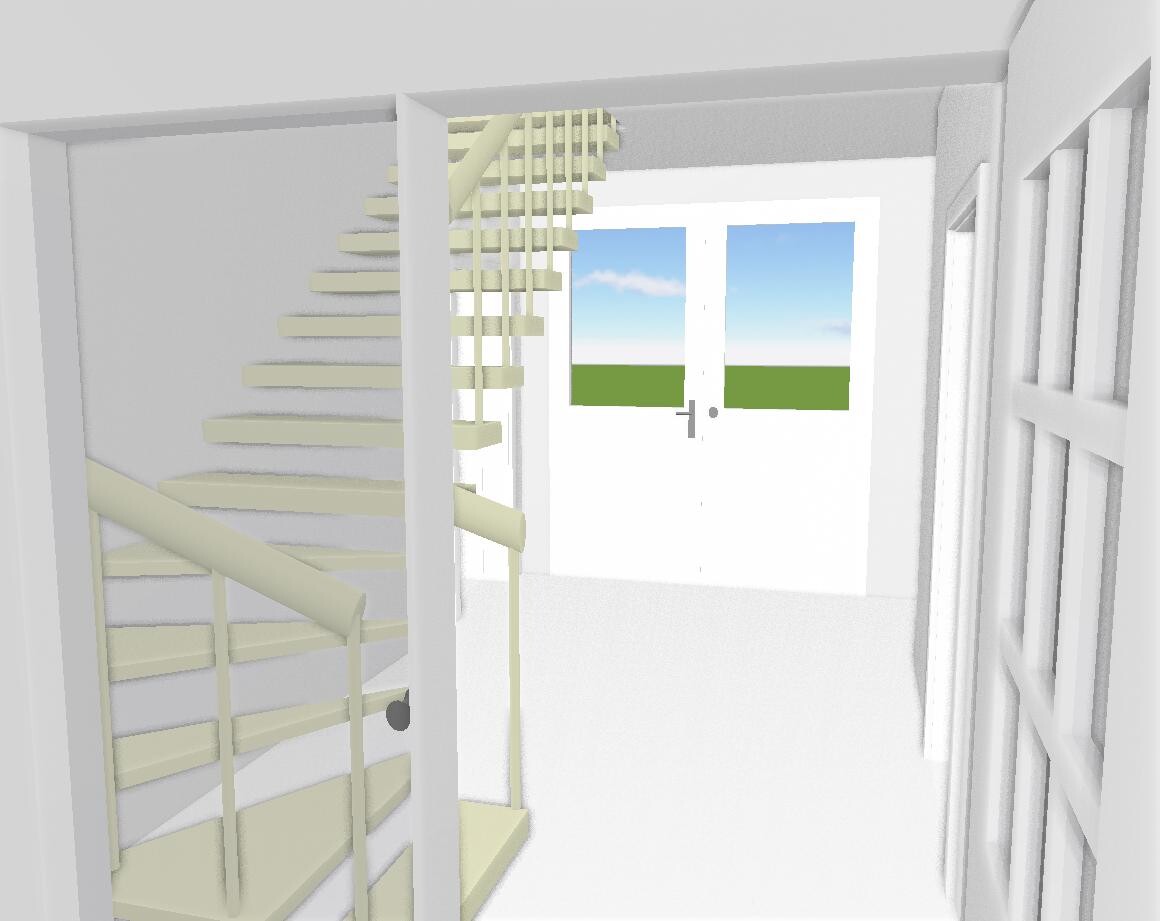 Heller Innenraum mit offener Treppe links und Doppeltür mit Fenstern, Blick auf grünen Rasen.