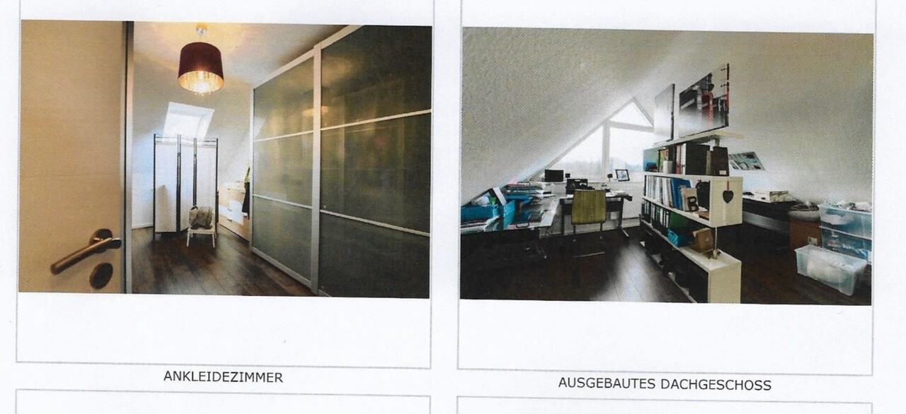 Zwei Innenaufnahmen: links Ankleidezimmer; rechts ausgebautes Dachgeschoss mit Schreibtisch.