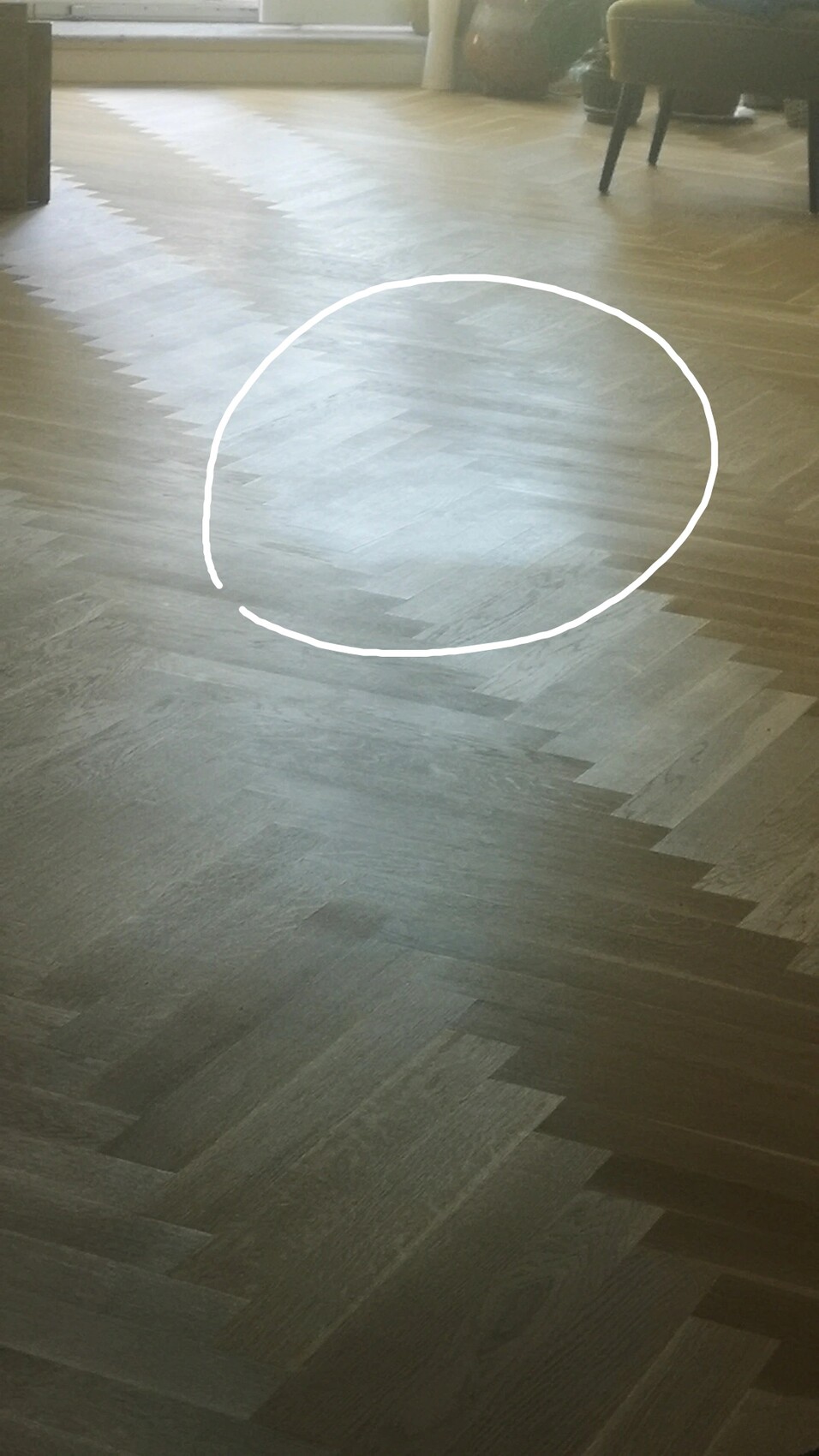 Heller Holzboden mit einer weißen Kreislinie als Markierung.