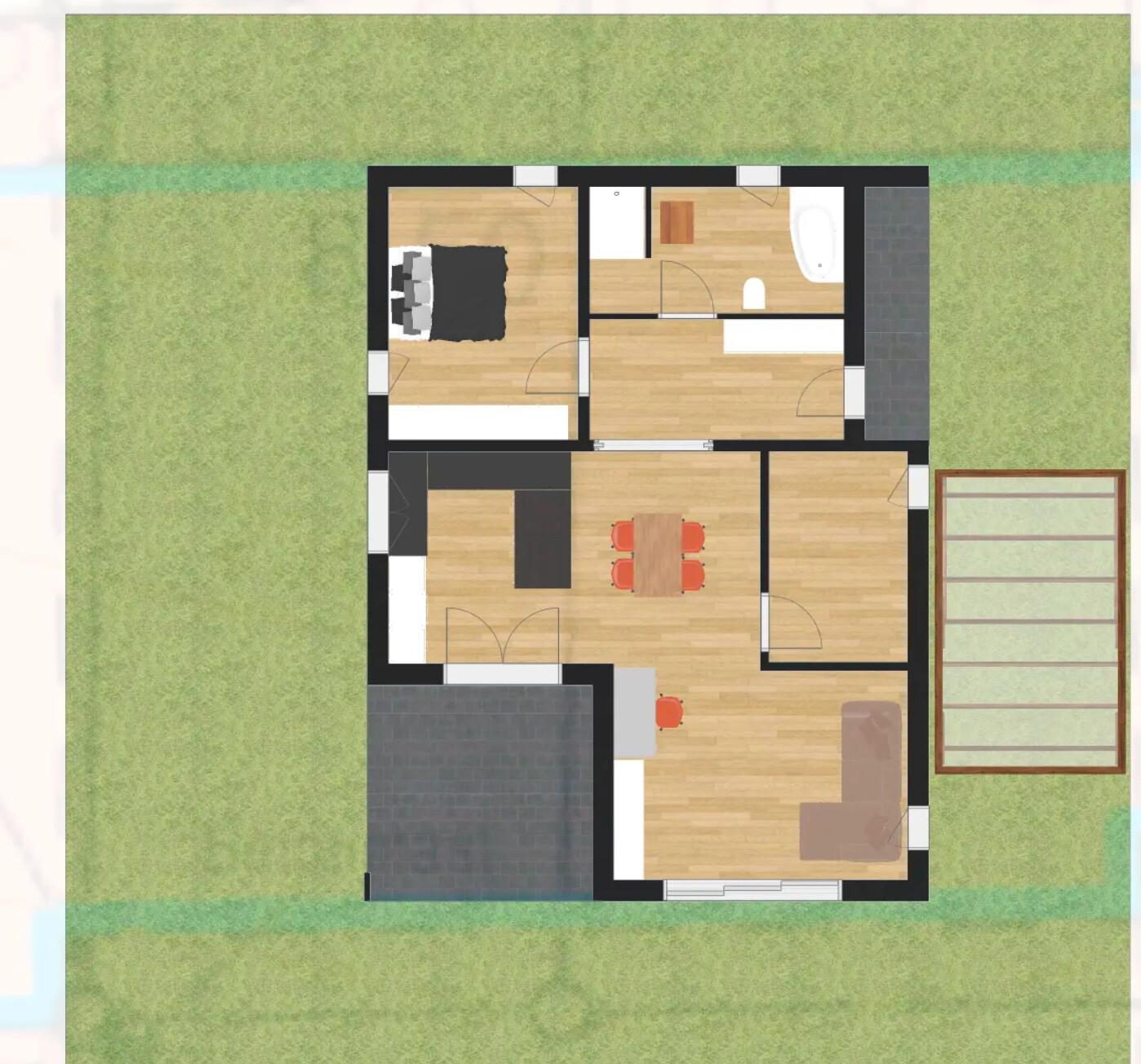 Grundriss eines Hauses von oben: Wohnzimmer, Essbereich, Küche, 2 Schlafzimmer, Bad, Terrasse, Garten.