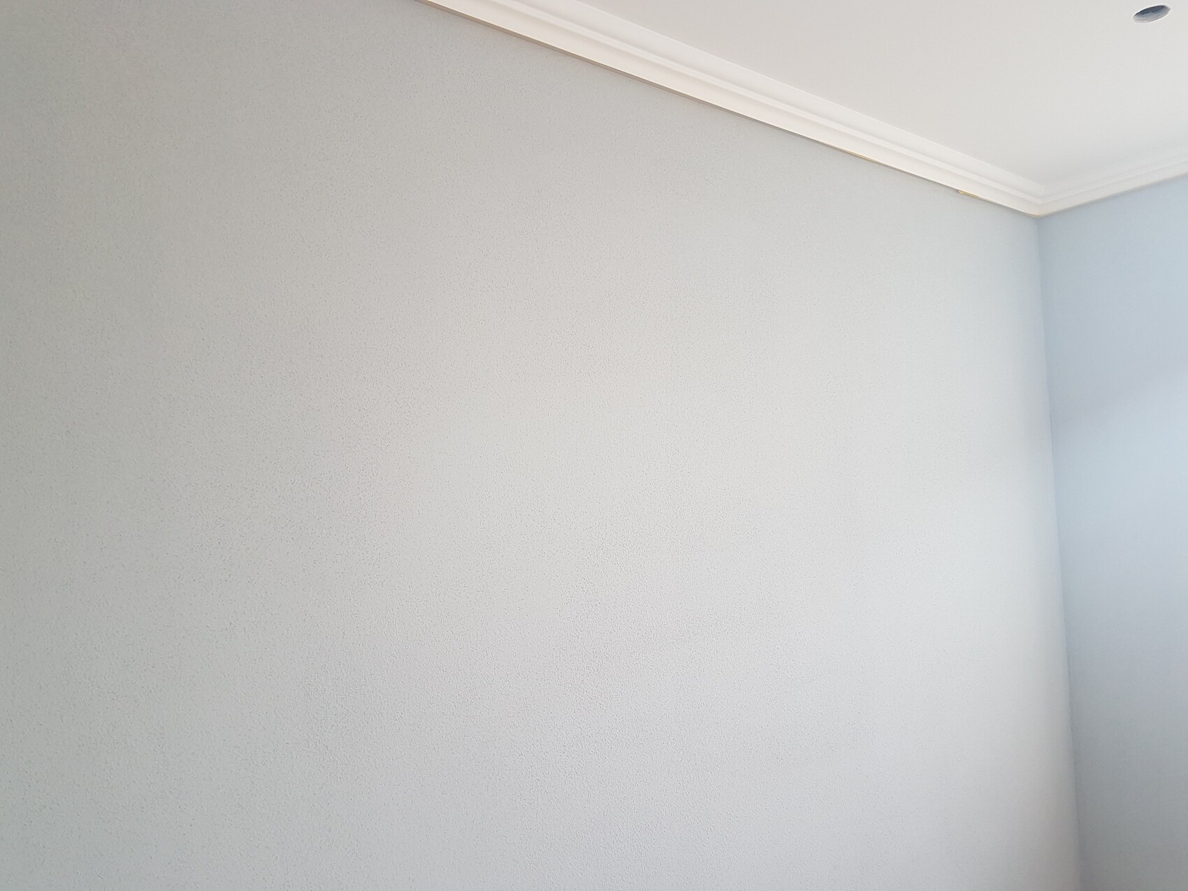 Helle Innenwand mit leichter Textur, Deckenstuckleiste und Eckwinkel im Raum