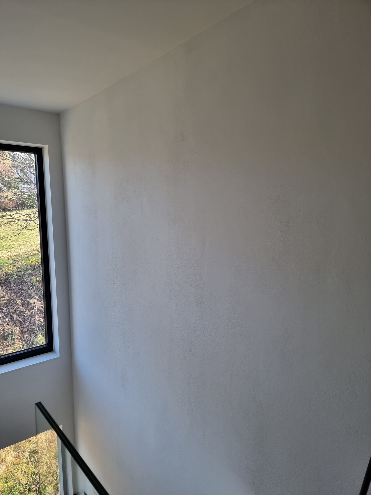 Weiße Innenwand neben Fenster mit Blick nach außen auf Gras und Bäume.