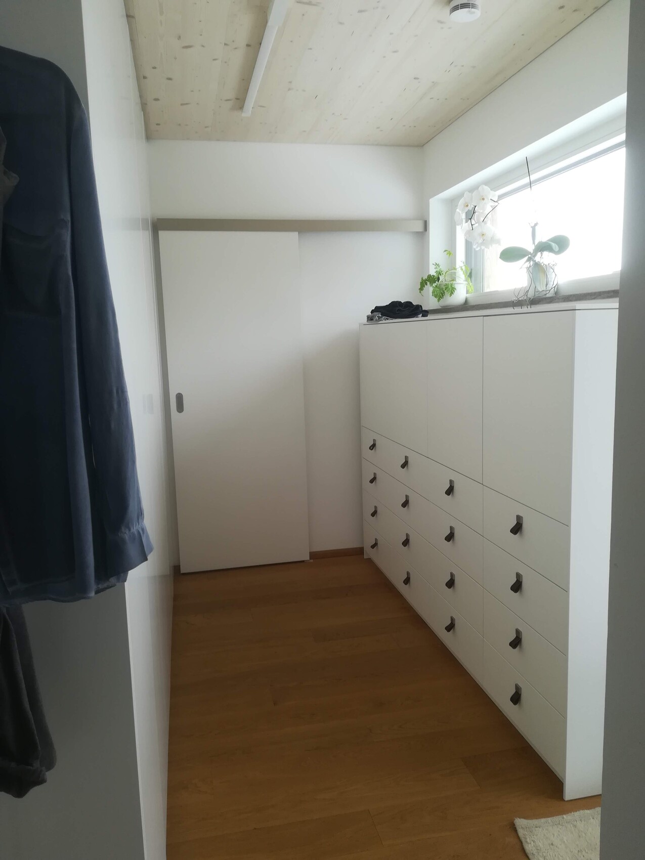 Schmaler Kleiderschrankraum mit weißen Schränken rechts, Fenster mit Pflanzen, Holzboden.