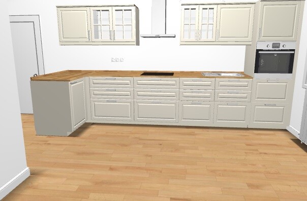 Weiße Küchenzeile mit Holzarbeitsplatte, Dunstabzug, Backofen rechts, Laminatboden.