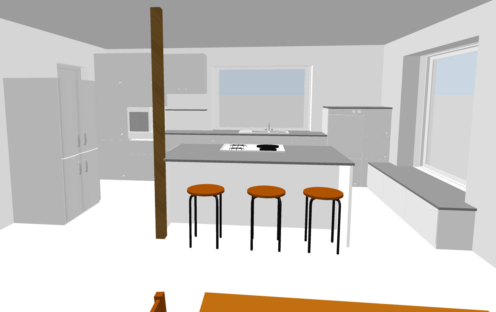 Moderne graue Küche mit Insel und drei braune Hocker; Spüle, Herdplatte, Fenster.