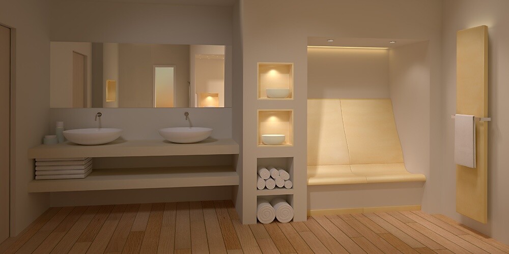 Modernes Badezimmer mit Doppelwaschbecken, Spiegel, Ablagen, Handtüchern und Duschbank.