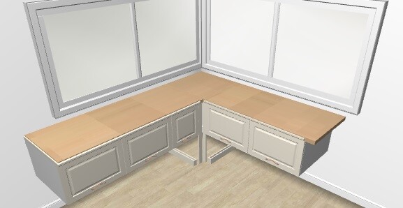 Küchenzeile in L-Form mit Holz-Arbeitsplatten, grauen Unterschränken und großen Fenstern.