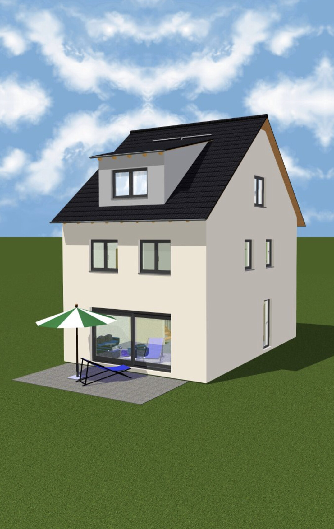 Modernes Einfamilienhaus mit Dachgaube, Terrasse, Sonnenschirm und Liegestuhl im Garten.