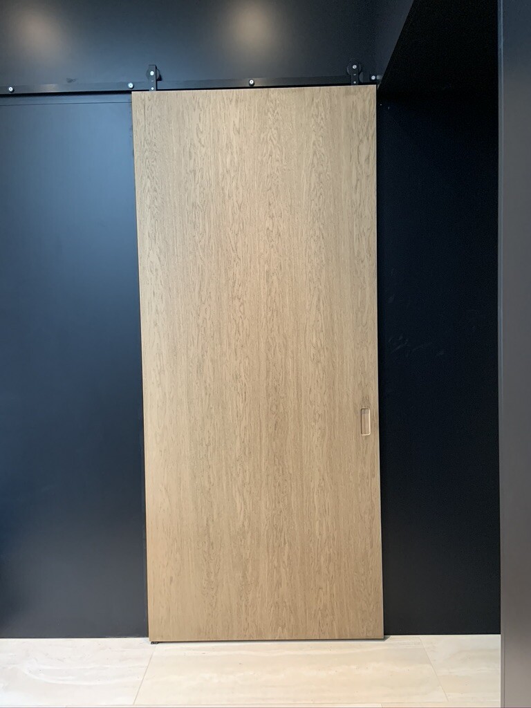 Helles Holztürpaneel steht vor dunkler Wand, Griff rechts.