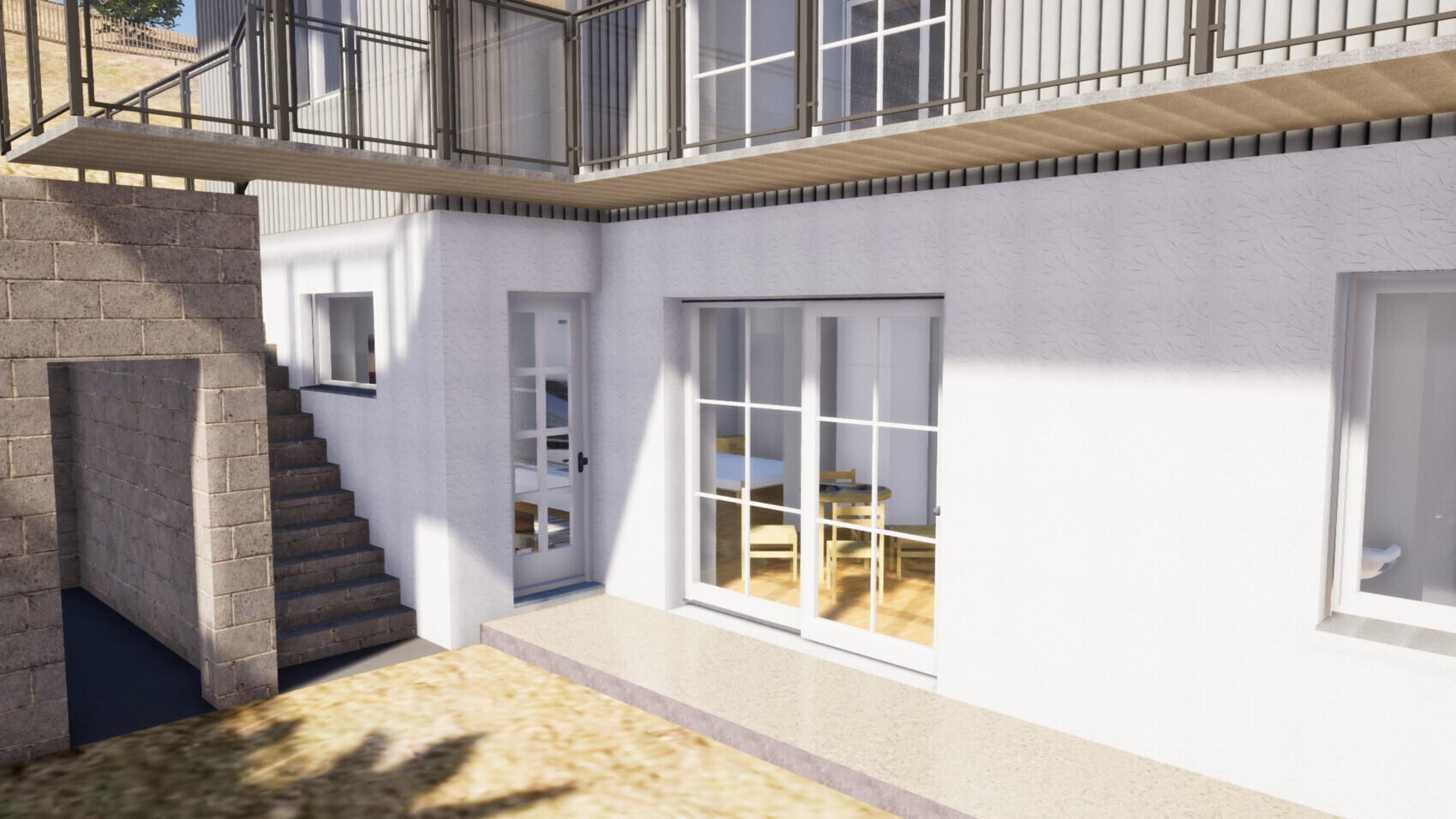 Außenansicht eines weißen Hauses mit Terrasse, Stufen, Balkon und großen Glasfenstern.