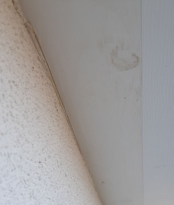 Nahaufnahme einer rauen hellbeigen Rundkante links neben glatter hellgrauer Wand rechts