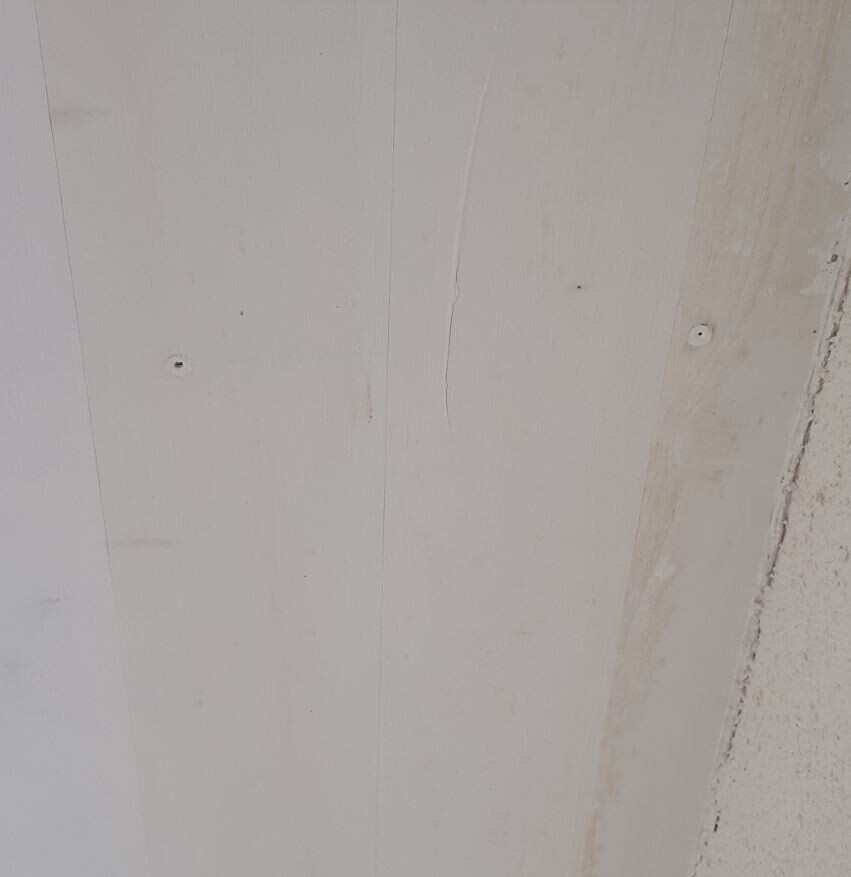 Nahaufnahme einer hellgrauen Holzpaneelwand mit sichtbaren Nägeln und rechter Kante.
