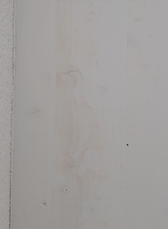 Heller Wandabschnitt aus Holzplatten mit leichten Verfärbungen, Nägeln und kleinem schwarzen Punkt