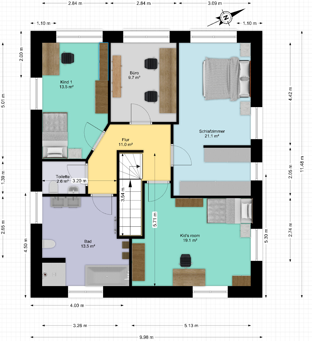 Grundriss eines Hauses mit Schlafzimmer, Büro, Flur, Bad, Toilette, Kind 1 und Kinderzimmer.