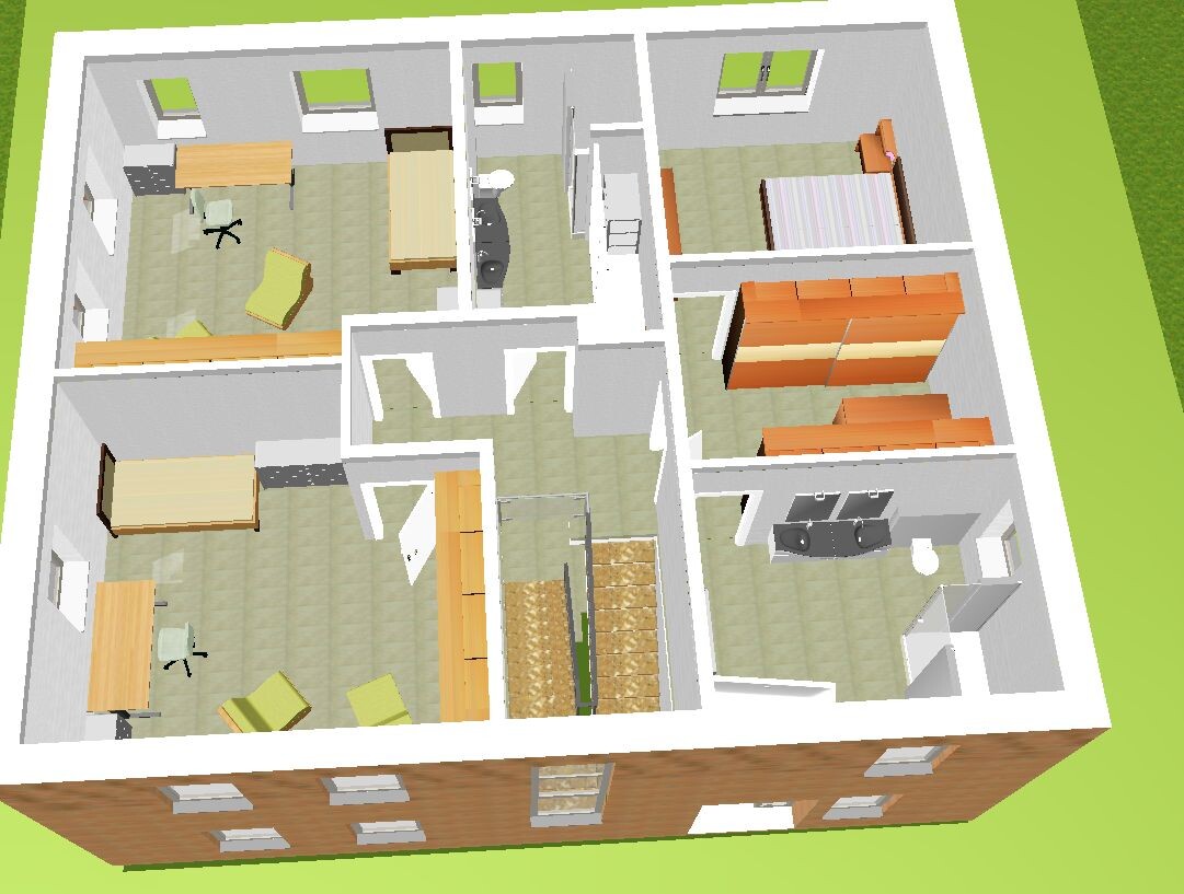3D-Darstellung eines Hausgrundrisses mit mehreren Zimmern, Betten, Schränken und Treppen.