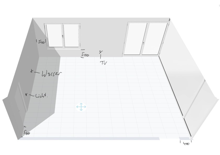 3D-Raumplan: Wohnraum mit Fenstern an der Rückwand, TV-Wand, Bodenfliesen, Maßen an Wänden.