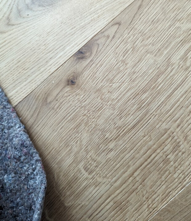 Heller Holzboden mit deutlicher Maserung; Teppichkante in der unteren linken Ecke.