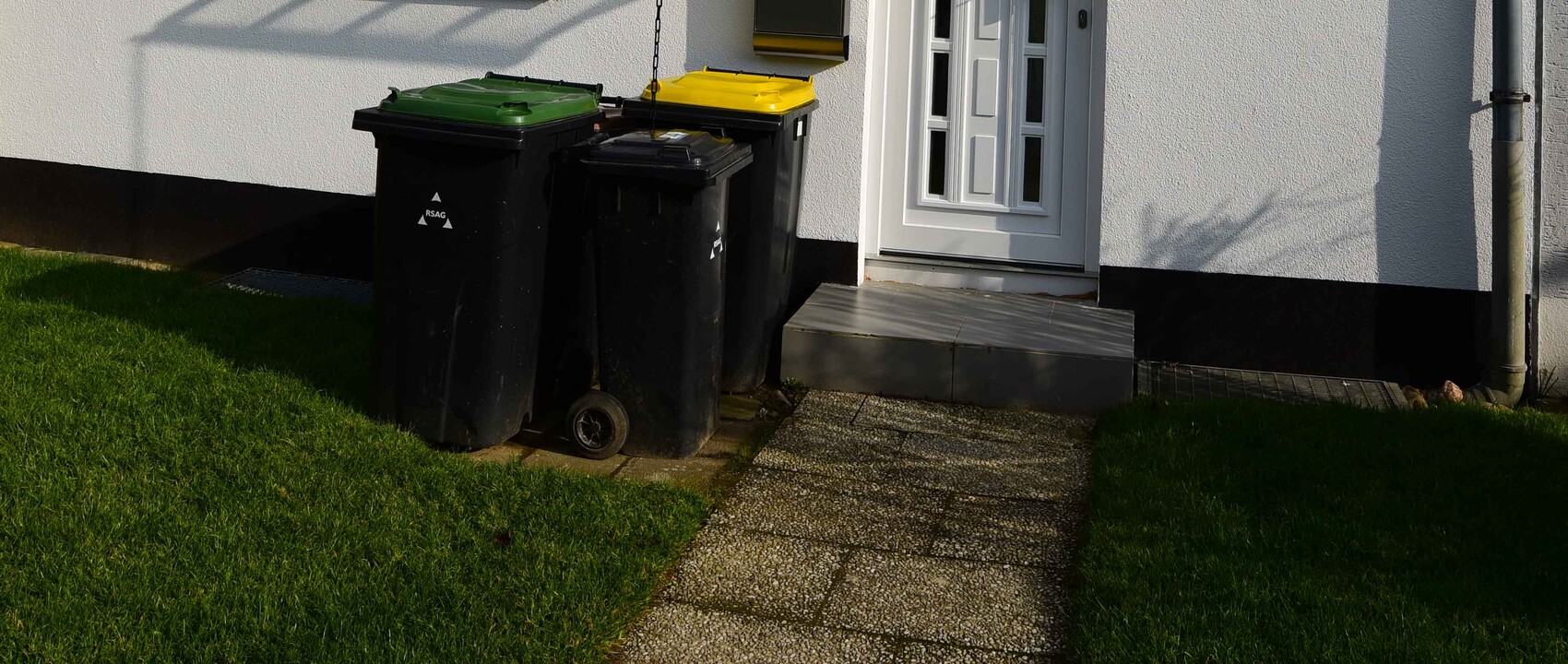 Vorderer Hauseingang mit kleinen Treppenstufen, Mülltonnen, Weg und grünem Gras