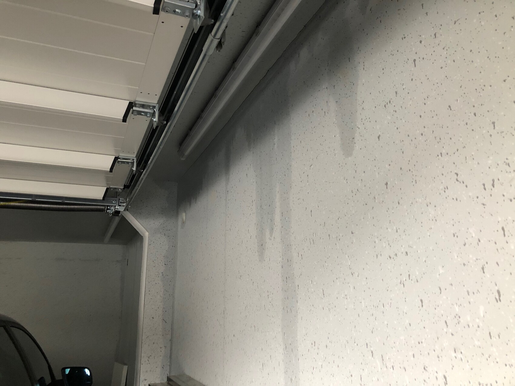 Garage mit weißem Sektionaltor, seitliche Schienen und Federmechanik; Teil eines Autos zu sehen.