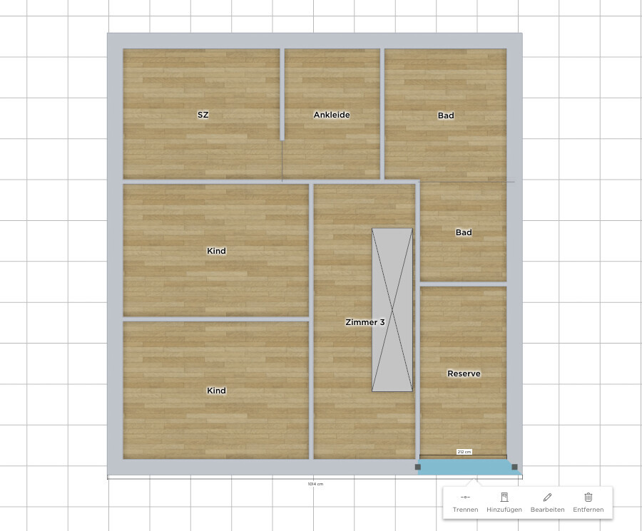 Grundriss eines Hauses: Schlafzimmer, Ankleide, zwei Bäder, zwei Kinderzimmer, Zimmer 3, Reserve, Flur
