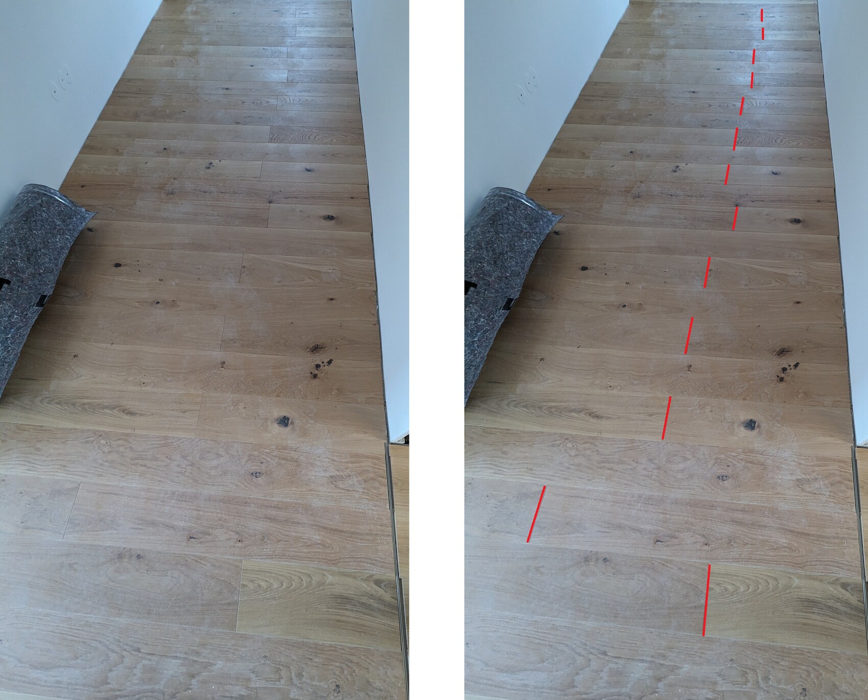 Holzboden im Flur, linker Teppichrest; rechter Bildteil mit roten Linien zur Bodennaht.