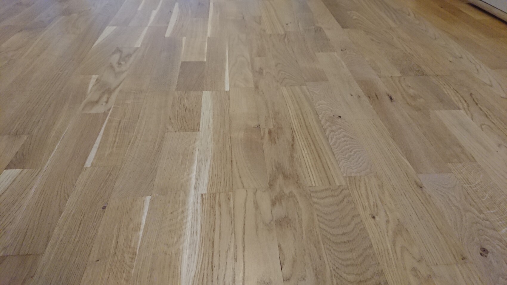 Heller Holzboden mit Dielen im Innenraum, sichtbare Maserung und einige Kratzer.