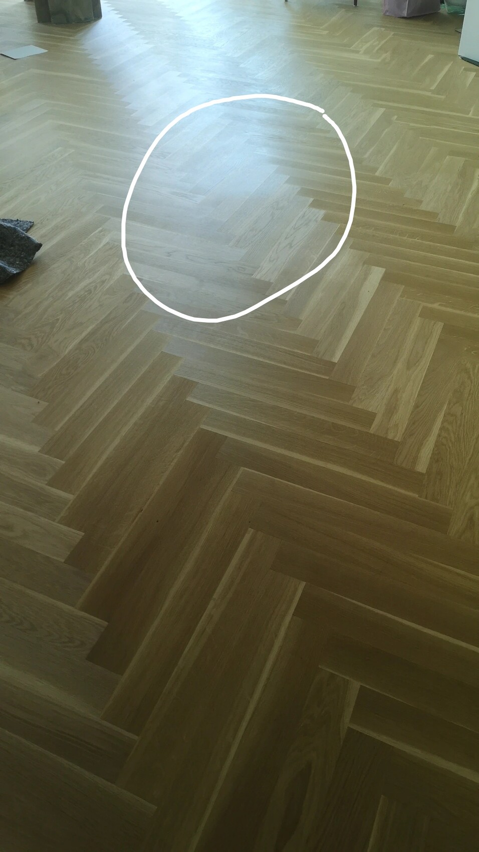 Heller Kreisbereich auf Holz-Fischgrät-Parkett; markiert durch eine weiße Linie.