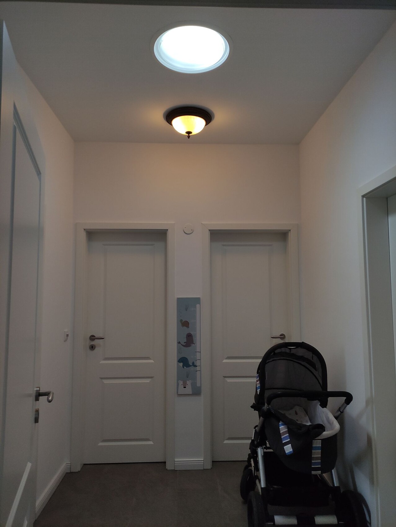 Heller Flur mit drei weißen Türen; rechts Kinderwagen, runde Deckenleuchte und Oberlicht.
