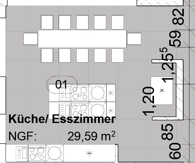 Offener Küchen- und Essbereich mit Kochinsel und langem Esstisch mit Stühlen.